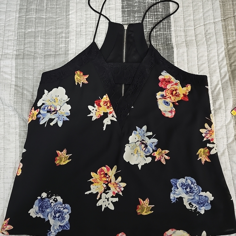 Express Black Floral Camisole Tank Zipper Back Sz Xs